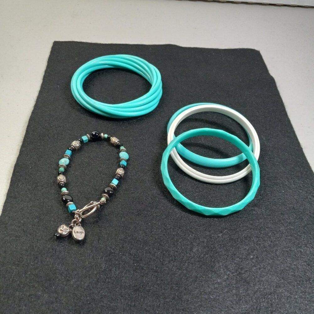Teal Bracelet Group Four Plastic/ 1 Beaded with Toggle clasp